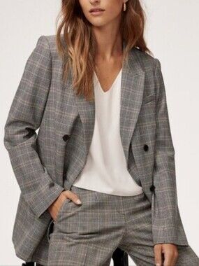 Aritzia BABATON Samuel Grey Glen Check Double Breasted Blazer Jacket, Size 0